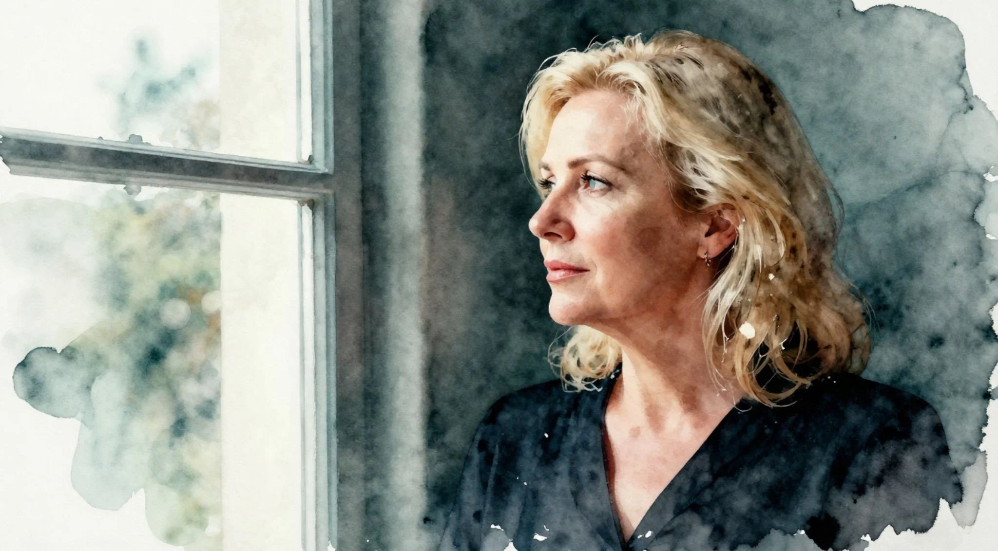 a woman with blonde hair looks out a window thoughtfully