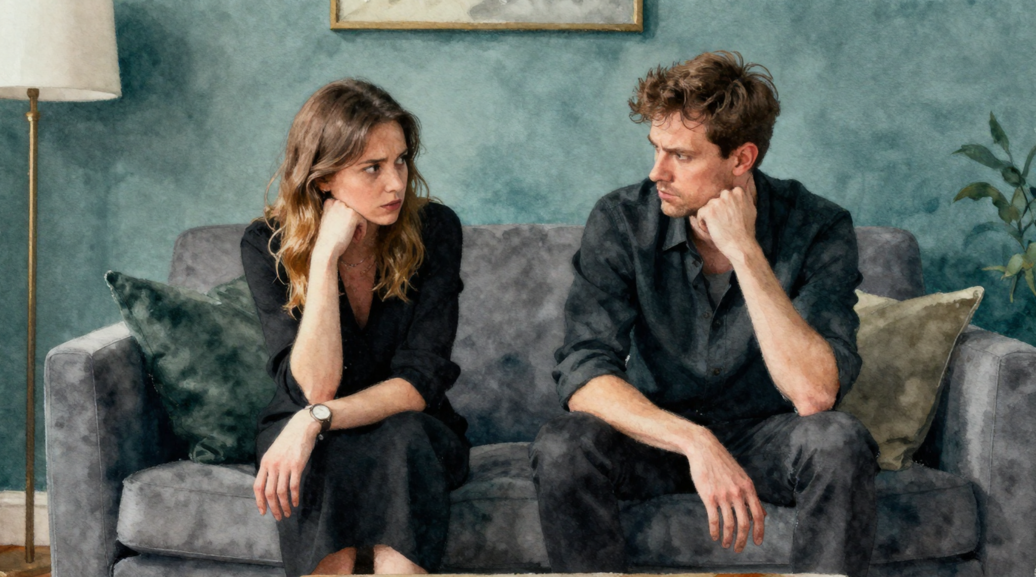 a woman in a dark shirt and skirt sits on the couch beside a man dressed in a dark shirt and black pants. They have their hands on their chins, as if they are arguing