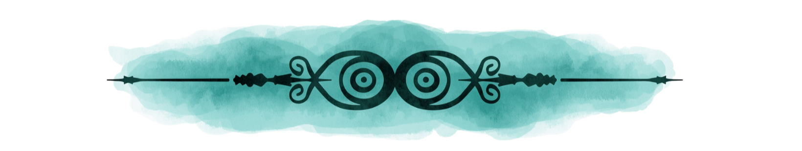 Decorative black ornamental design on a watercolor teal background.