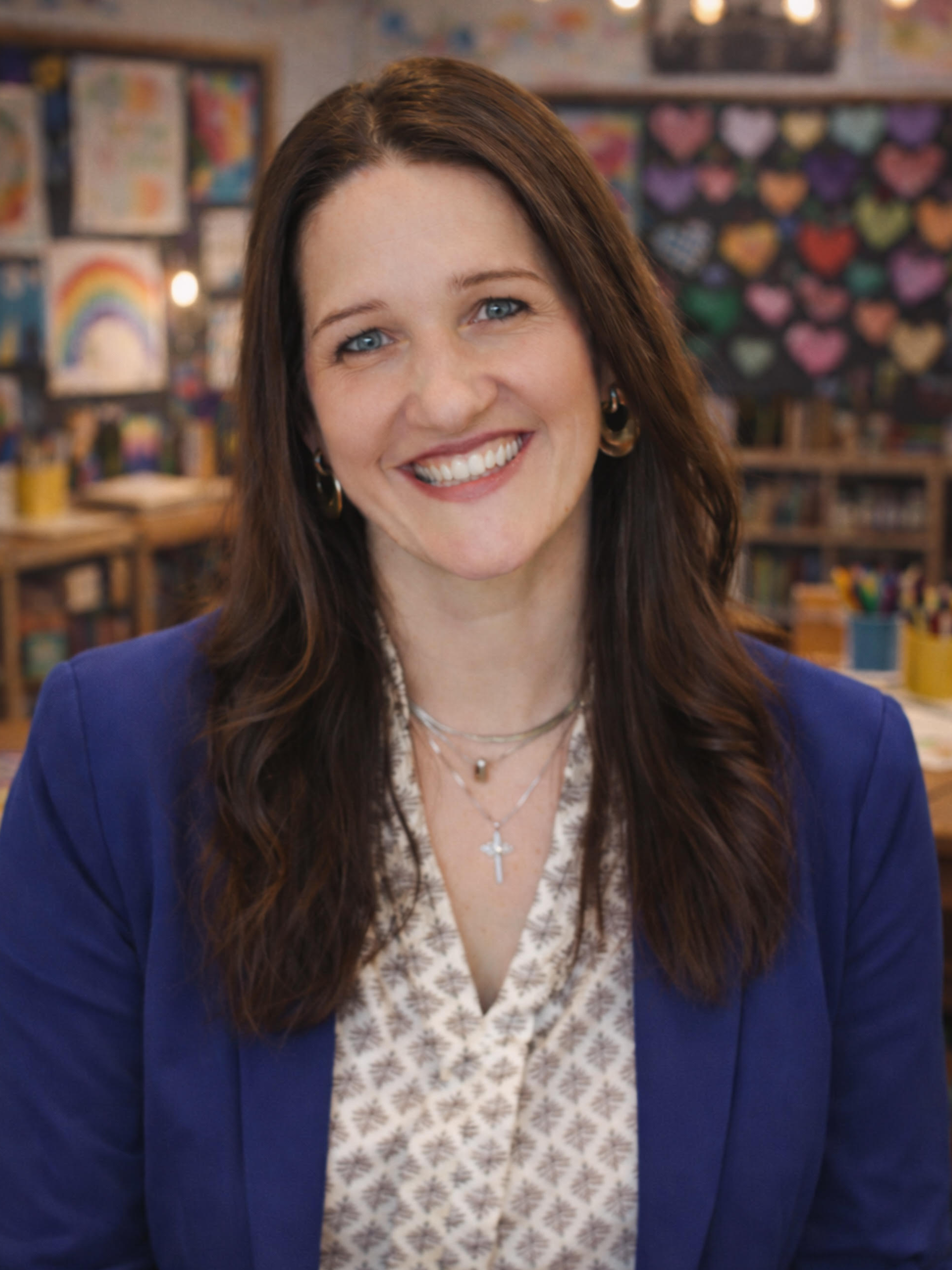 A woman with long brown hair and blue eyes smiling, wearing a blue blazer, patterned blouse, and layered necklaces, in an art classroom with colorful paintings and chalkboards in the background.