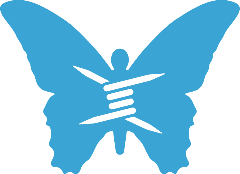 Blue butterfly with a caduceus symbol in the center