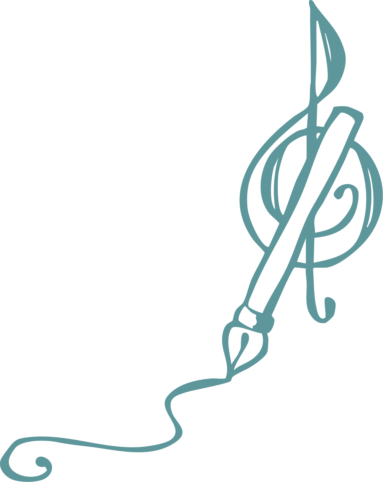Black background with a teal-colored illustration of a fountain pen forming a flowing line, intertwined with abstract loops and shapes, resembling a whimsical decorative design.