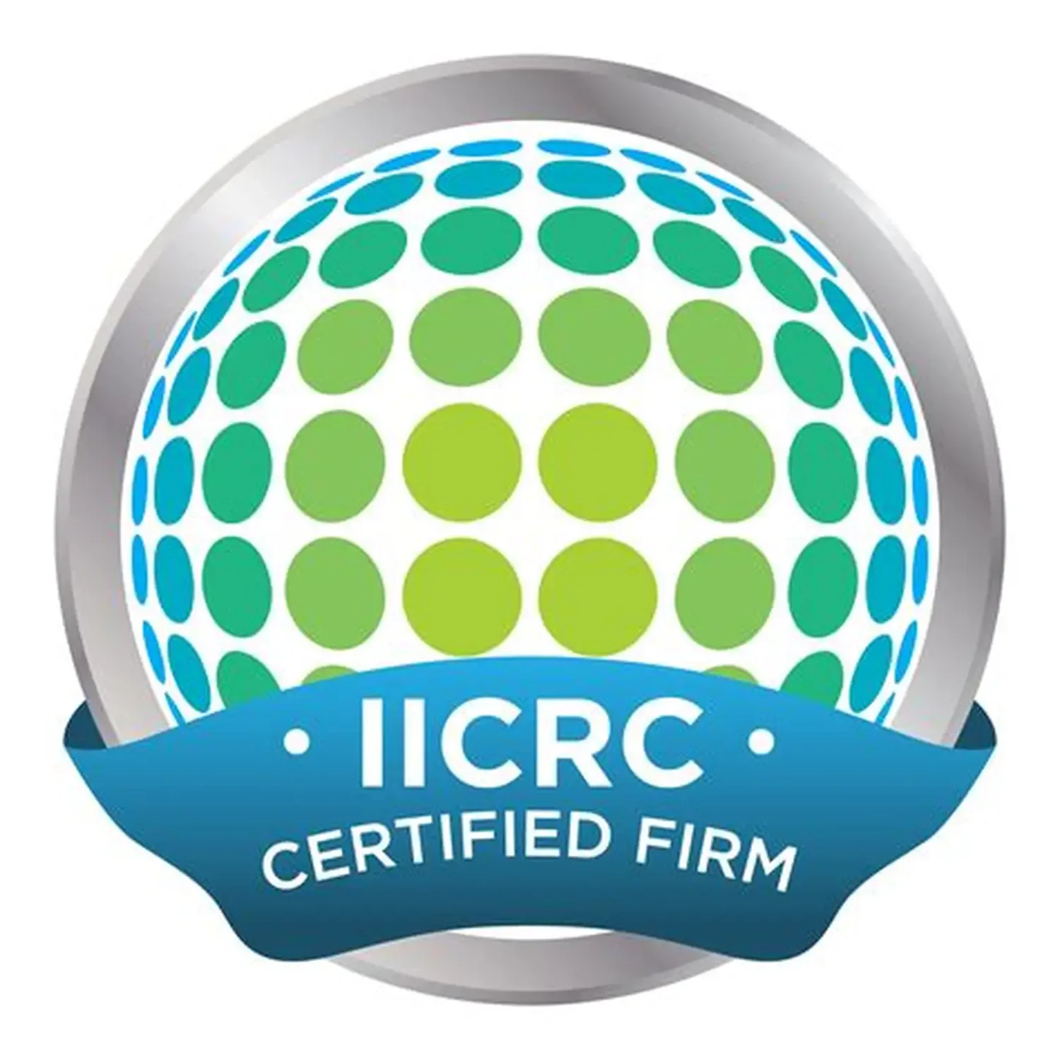 ICRC Certified Firm logo with a spherical design made of green and blue dots and a blue ribbon at the bottom with white text.