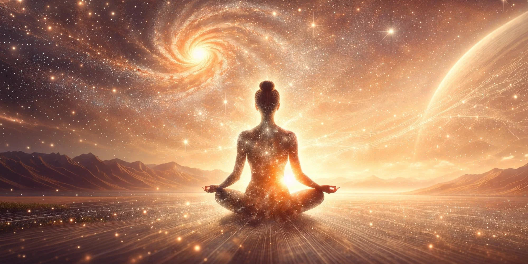 A person meditating in a seated yoga pose with a cosmic background featuring stars, galaxies, and planets, and mountains in the distance.