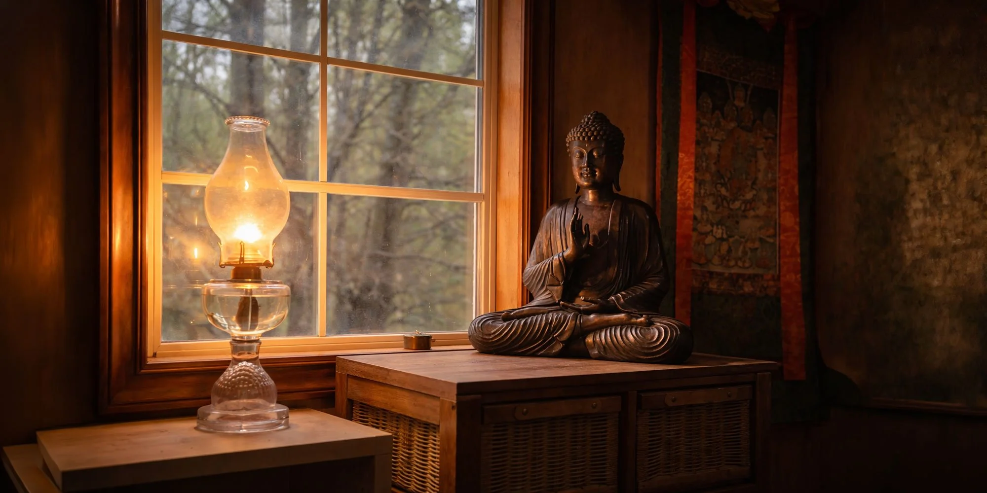 A wooden surface with a seated Buddha statue, a small candle, and an oil lamp. A window behind shows trees outside, creating warm natural lighting inside.