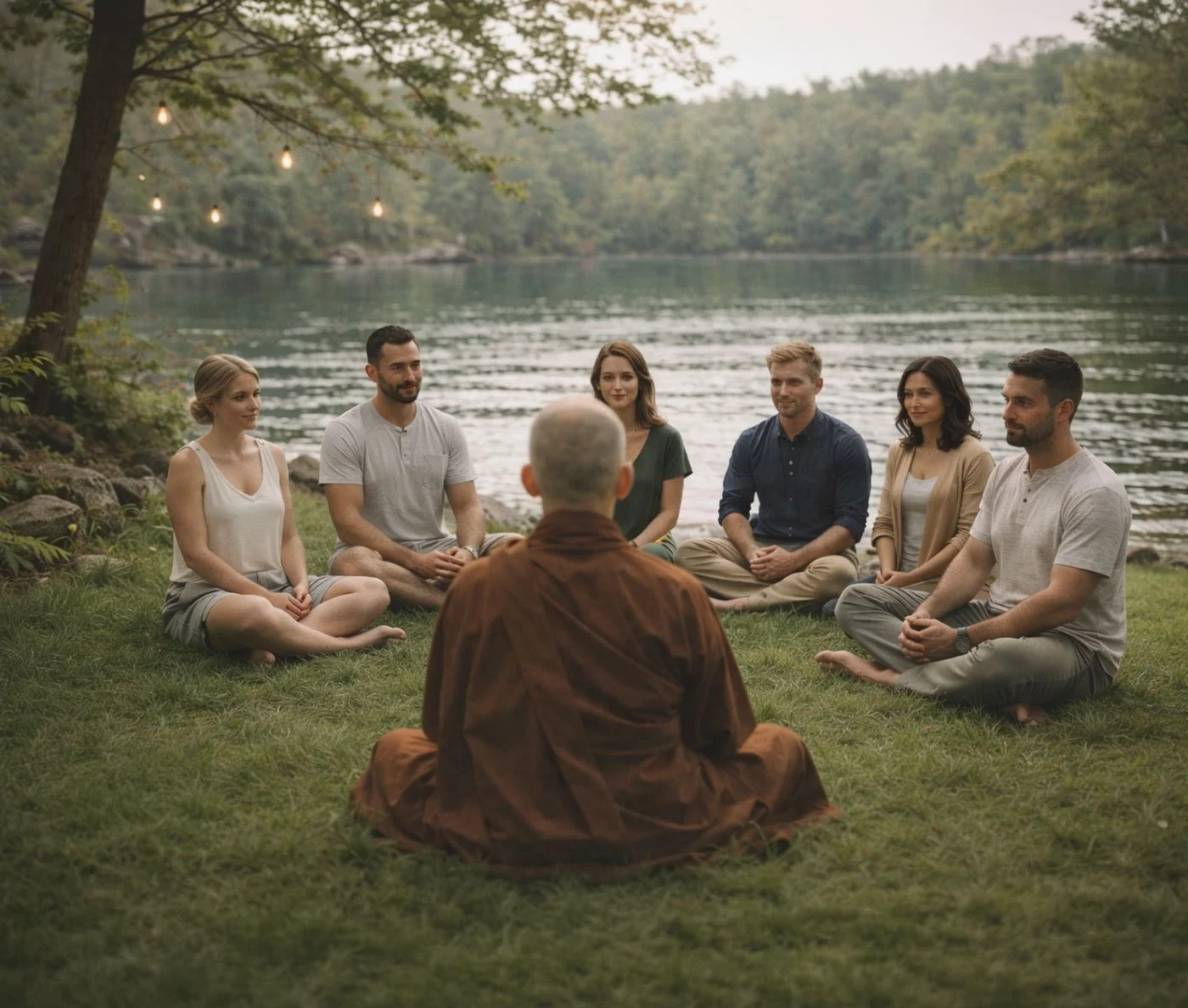 A group of six young adults sitting on the grass in a semi-circle around an older man, near a lakeshore with trees and string lights overhead.