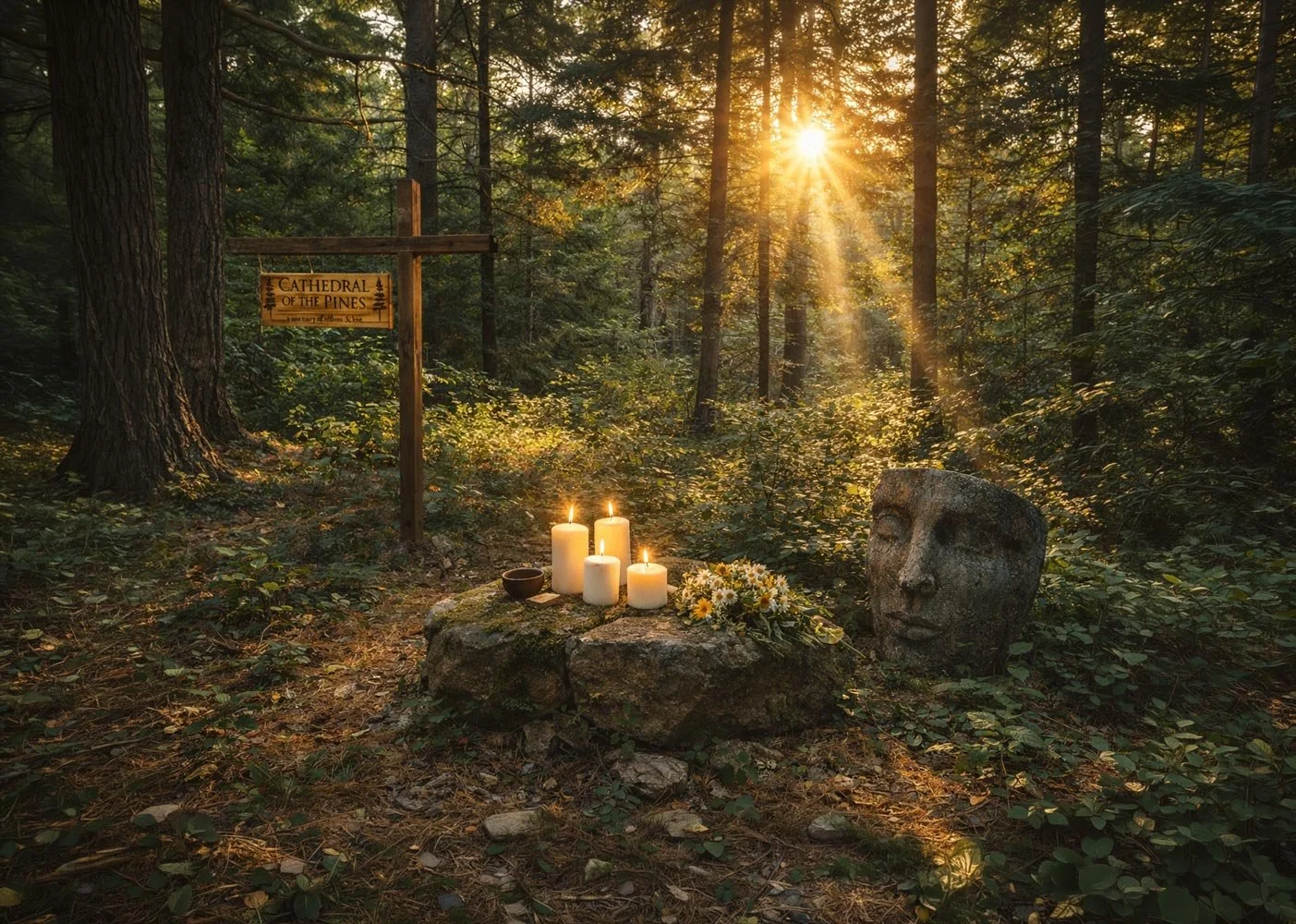 Memorial site in a forest with candles, flowers, a carved stone face, and a wooden sign labeled "Cathedral of the Pines" during sunset sunlight filtering through the trees.