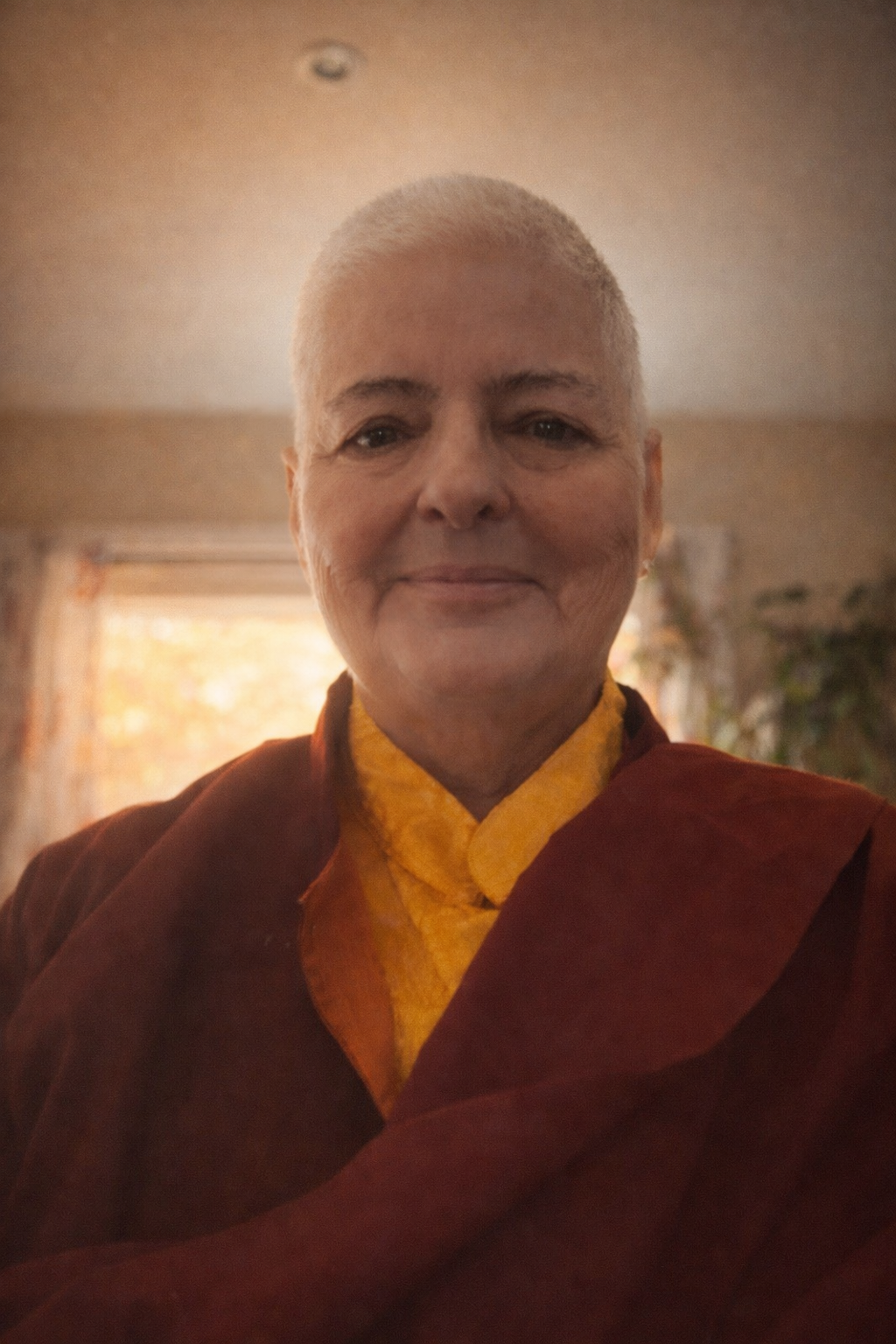 A person with a shaved head wearing traditional robes, smiling softly, standing indoors with a window behind them showing autumn leaves.