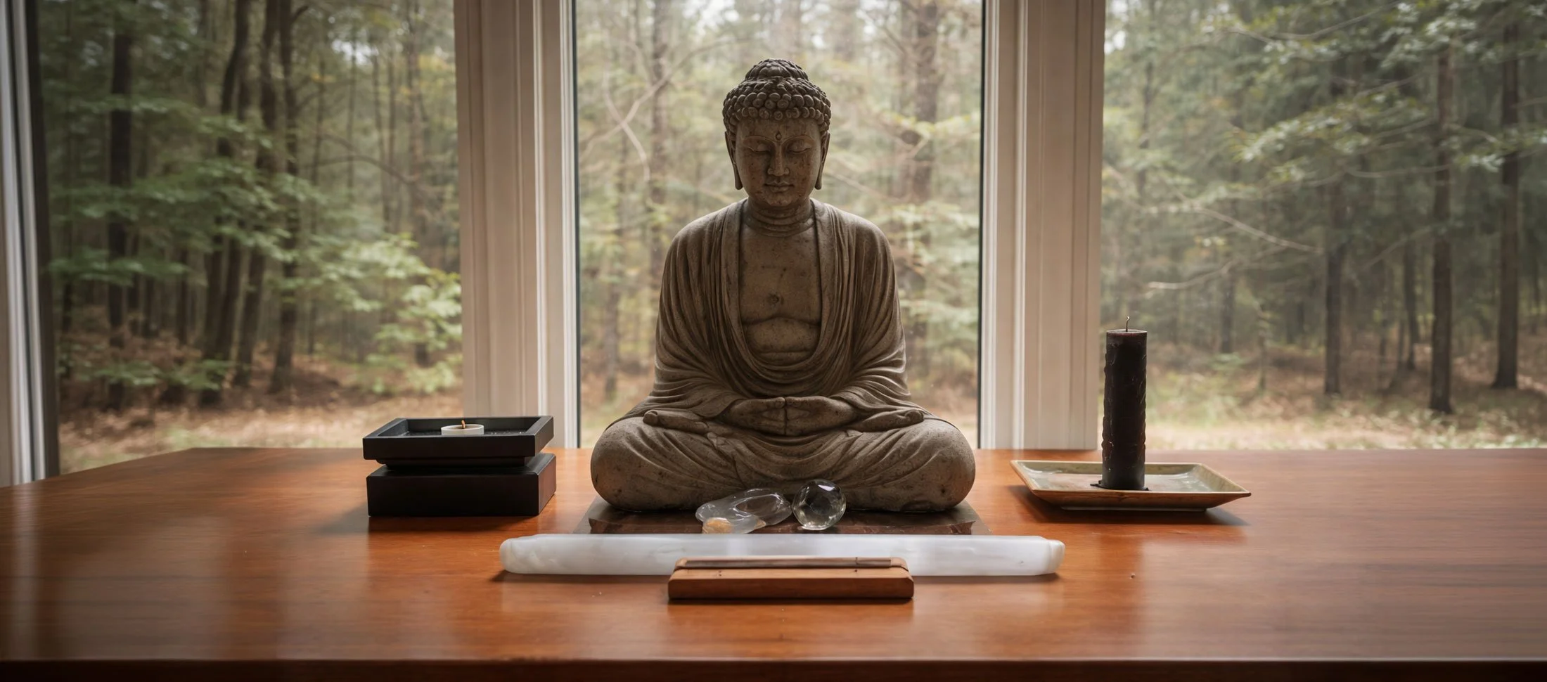 Buddha statue seated on a wooden table amid spiritual objects, with a forest view through the window in the background.