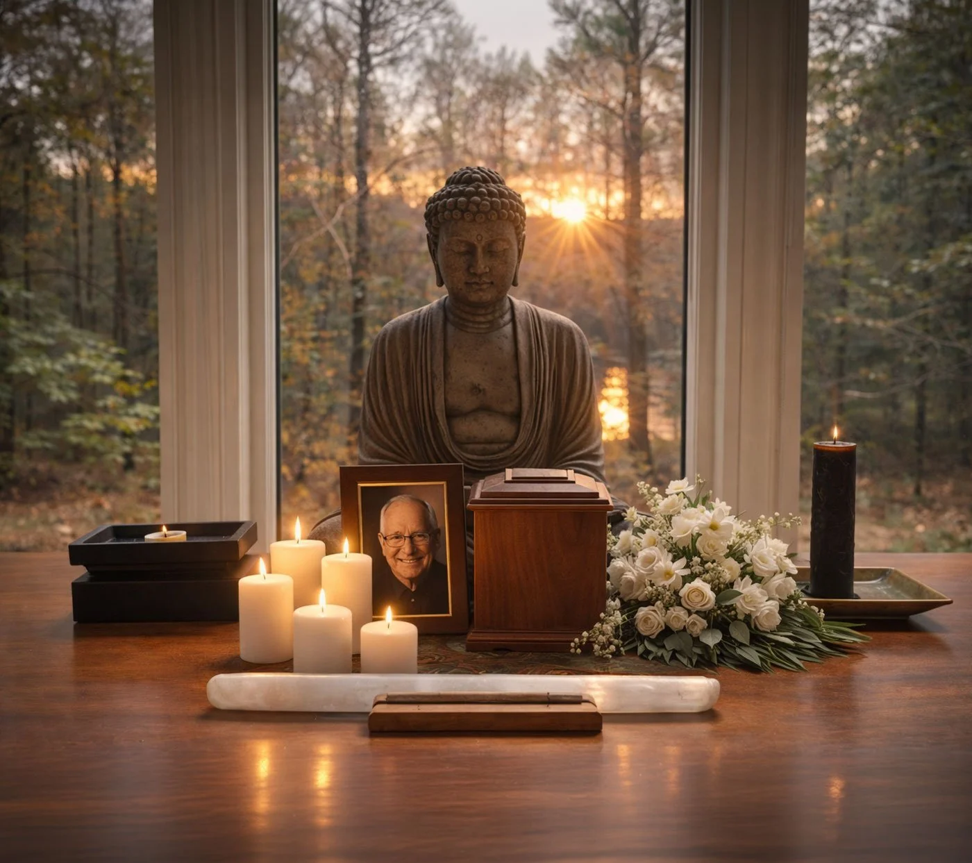 A memorial shrine featuring a Buddha statue, a framed photo of an elderly man, lit candles, white flowers, and a black candle, with sunset visible through a large window in the background.