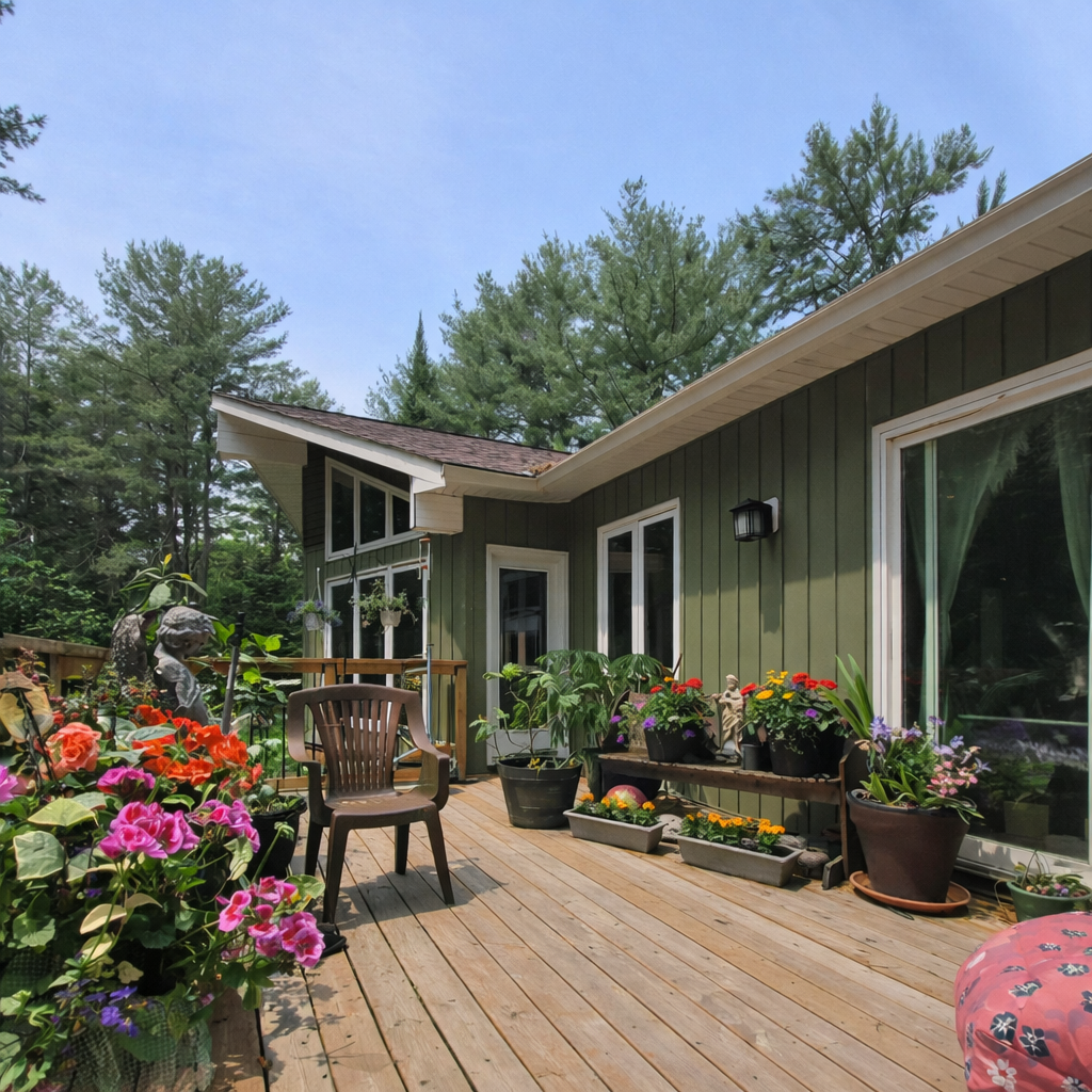 A wooden deck attached to a green house surrounded by potted and planted flowers, with a plastic chair and garden decorations, in a lush wooded area.