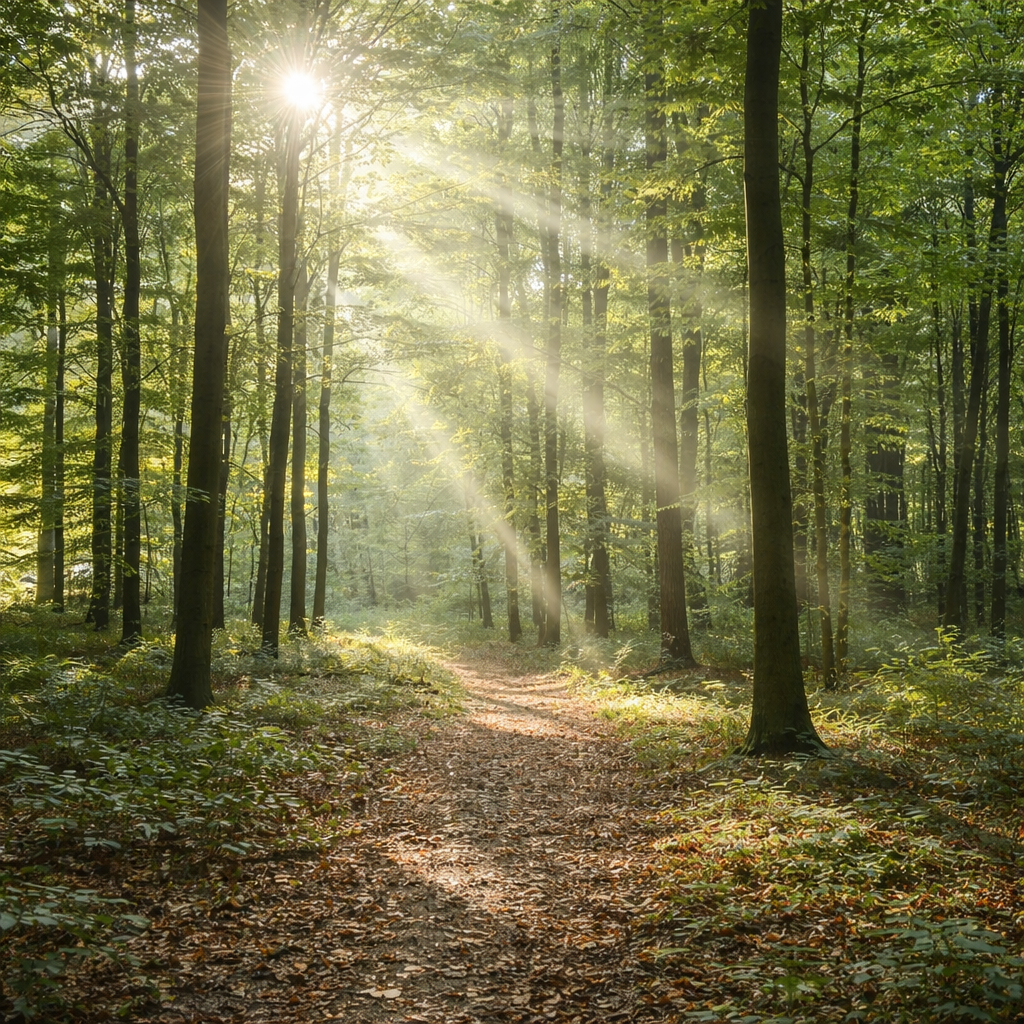 Sunlight streaming through a green forest with a dirt path.