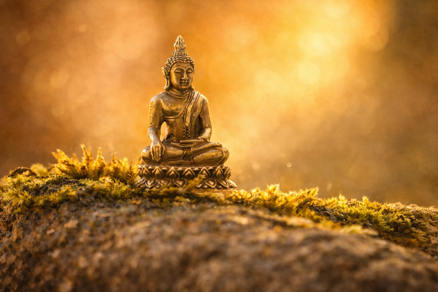 Small bronze Buddha statue sitting cross-legged on mossy ground with warm golden background.