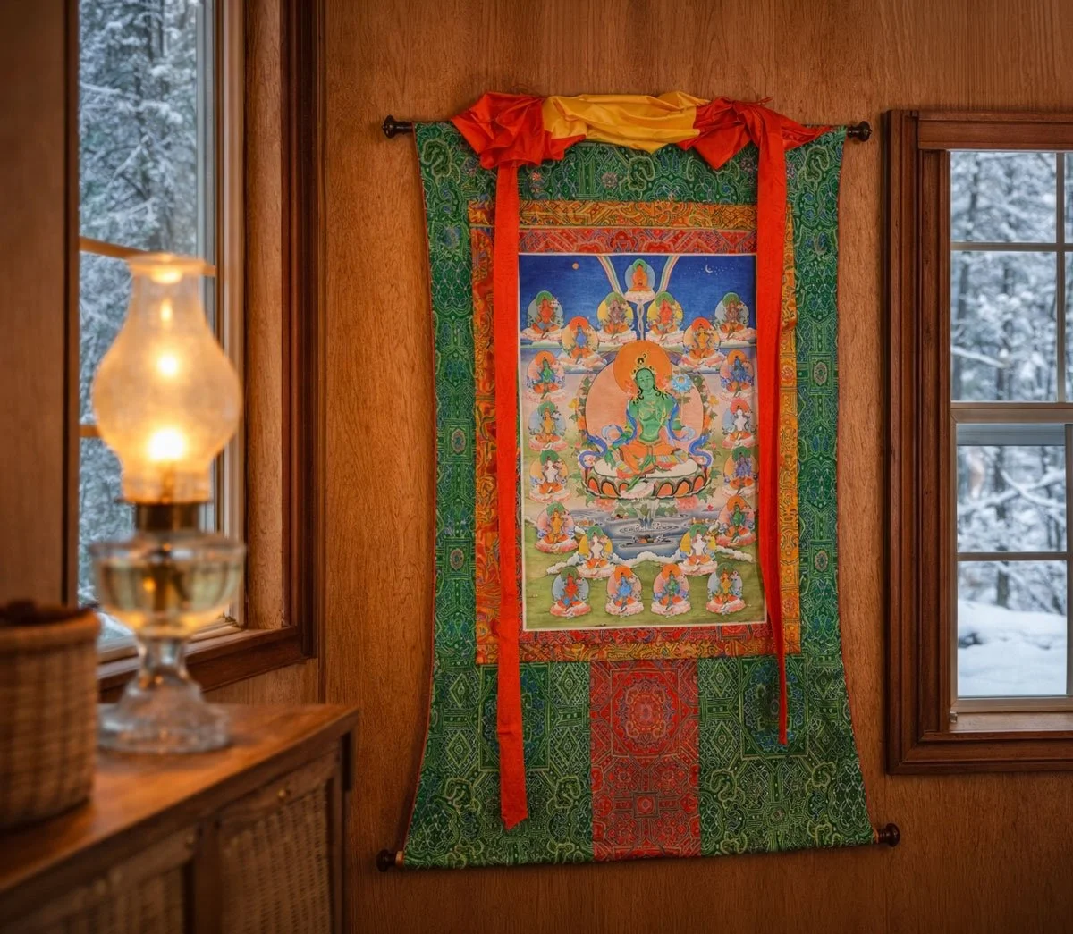 A colorful Tibetan Buddhist thangka hanging on a wooden wall inside a cozy room with two windows showing snowy trees outside.