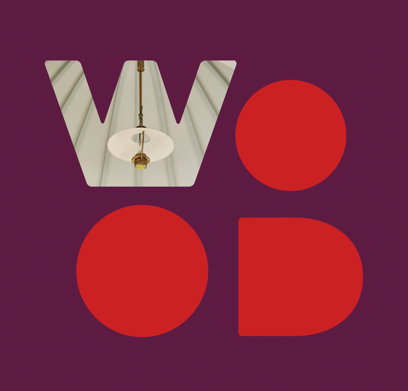 Digital graphic with the words 'we do' in bold, with a cutout of a ceiling light fixture forming the letter 'W', on a purple background with two red circles.
