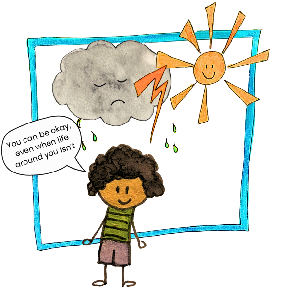 Cartoon boy experiencing mixed emotions and feelings shown by rain cloud, sun, thunder bolt and connecting his thoughts, feelings, and actions by recognizing when life is hard, you can still be okay