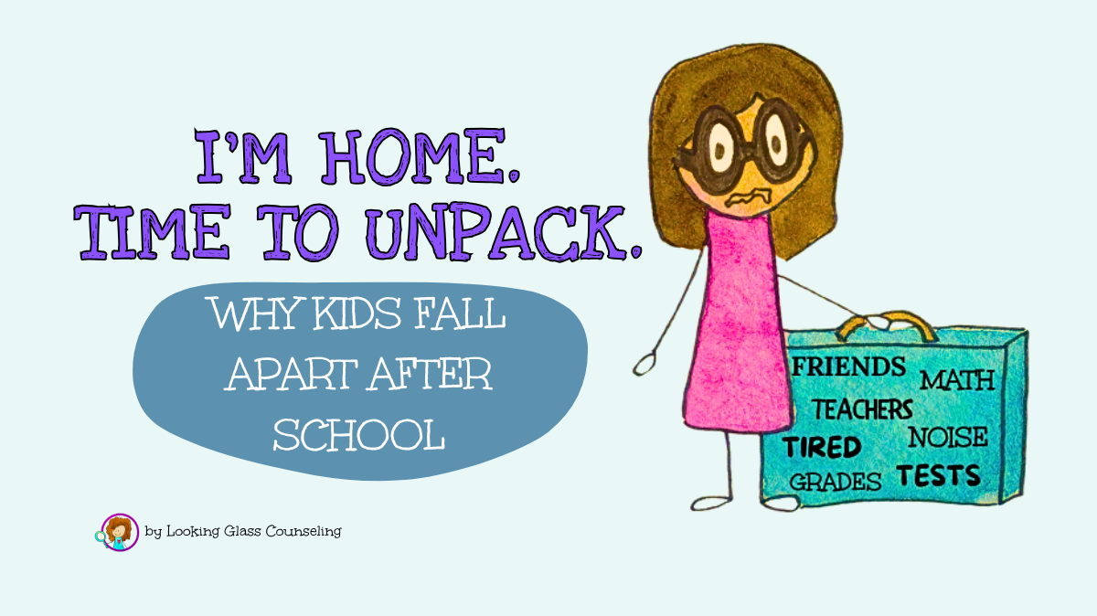 Child standing beside a suitcase labeled friends, math, teachers, tired, noise, grades, and tests, illustrating why children may fall apart after school.