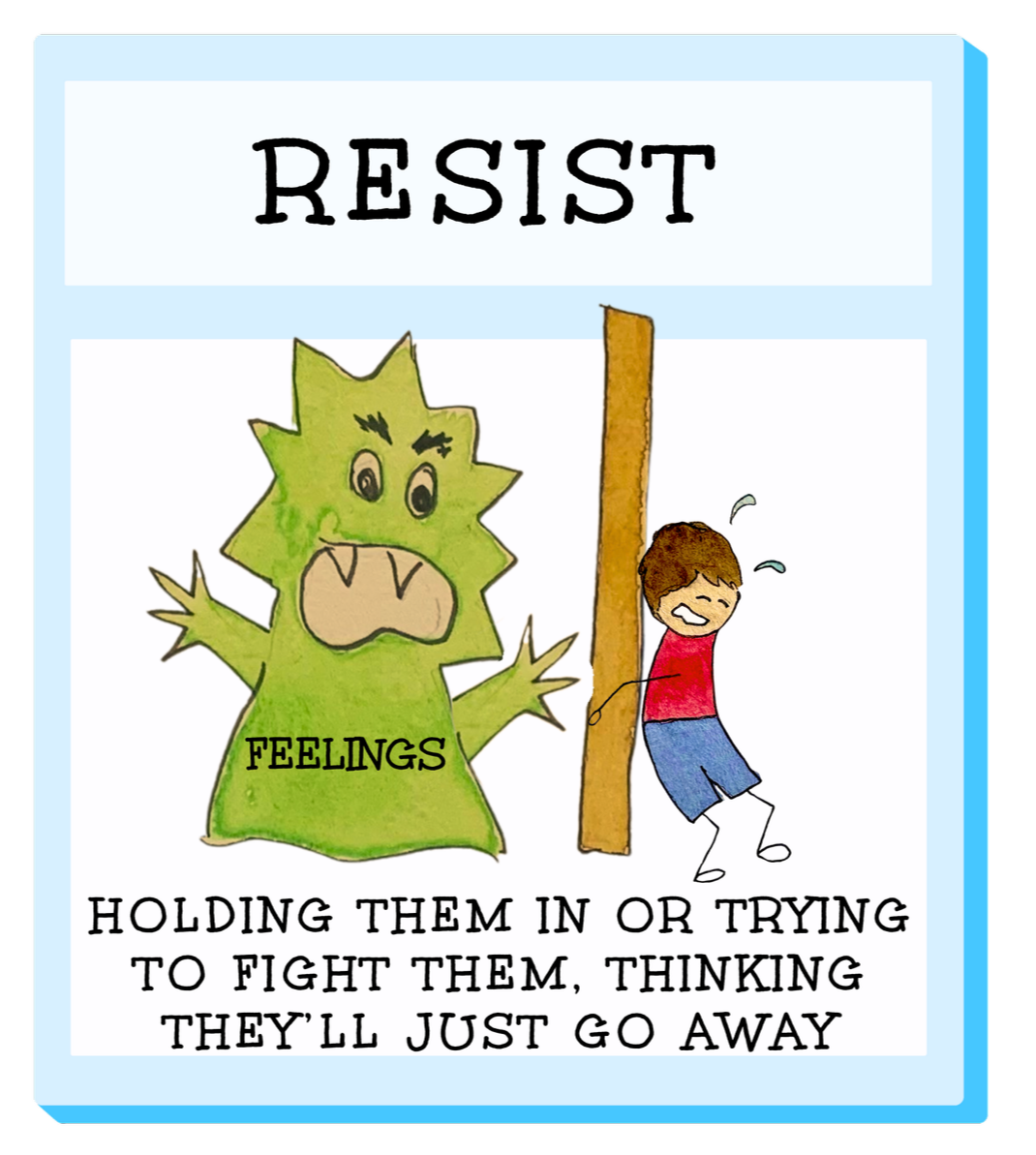 Green feelings monster being held back and resisted by boy showing one way to cope with feelings