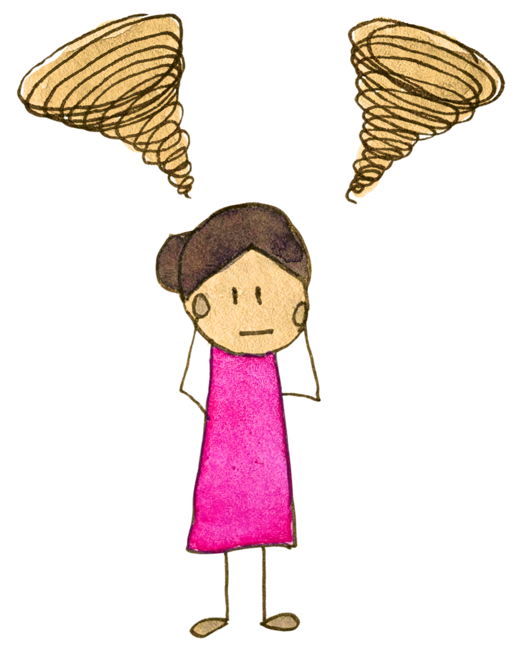 Cartoon girl in pink dress with two tornados out of confusion on counseling and therapy next steps