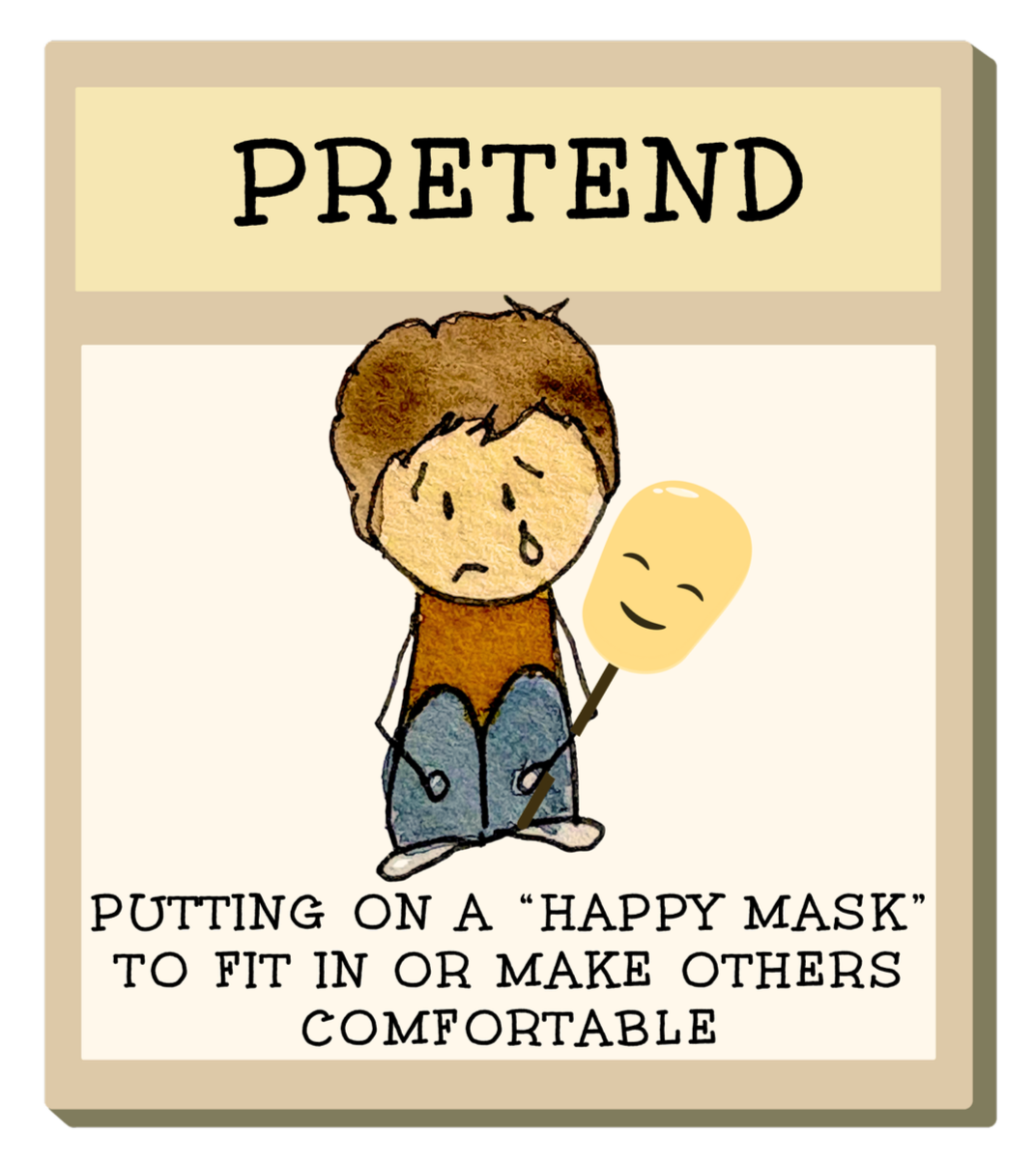 Crying boy holding mask as a way to pretend he is feeling something different on the outside than the inside showing one way to cope with feelings