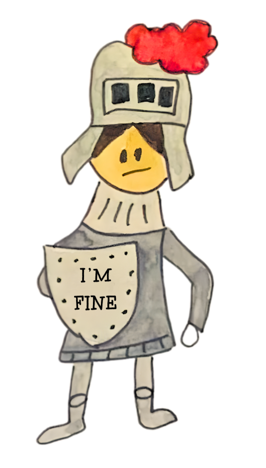 Cartoon person wearing a gray suit of armor as protection with story "I'm fine" which keeps him stuck in current behaviors