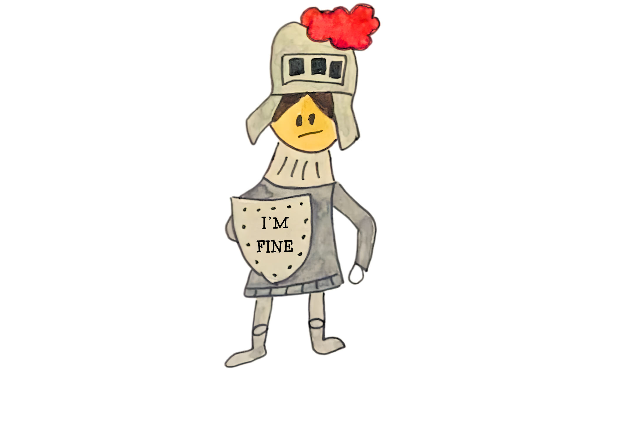 Doodle character wearing a suit of armor to represent emotional protection behind the words “I’m fine.”