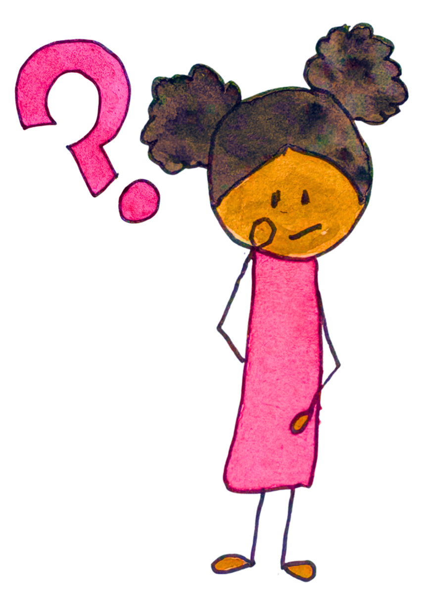 Cartoon girl in pink dress with question mark confused about what emotions mean, why it's important to understand them, and how to begin listening to what feelings tell us