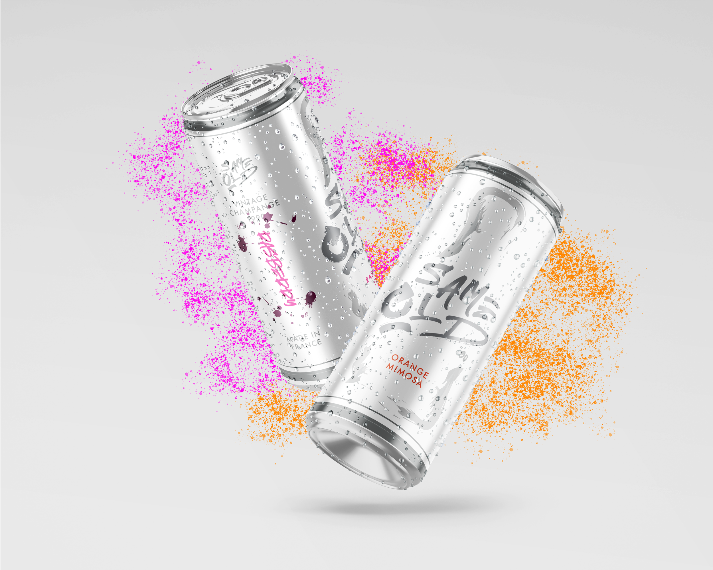 Two cans of sparkling wine with bubbles on a gray background, with colorful pink and orange spray around them.