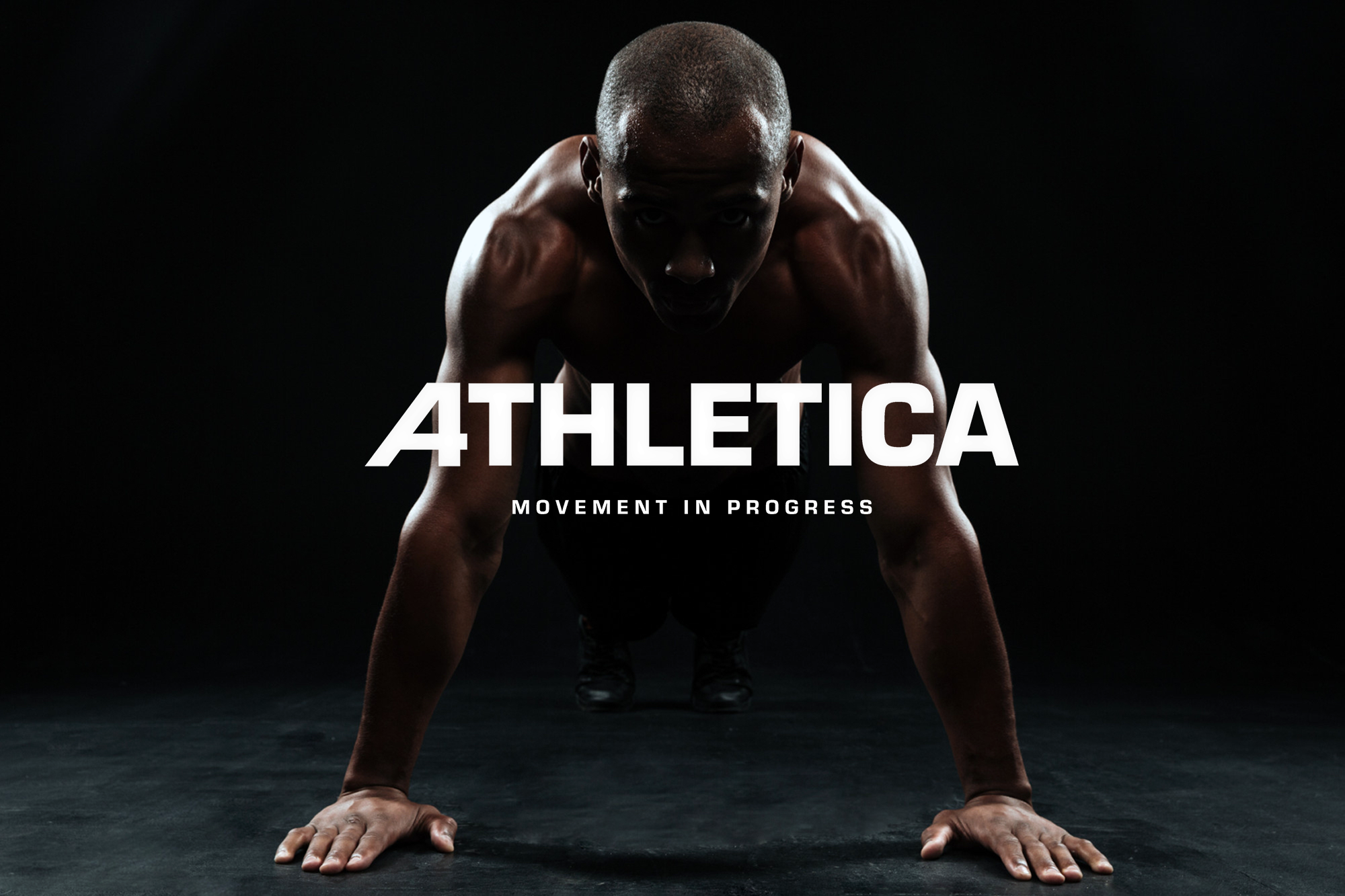A muscular man in a push-up position with a dark background, the text 'ATHLETICA' and 'MOVEMENT IN PROGRESS' overlayed on the image.