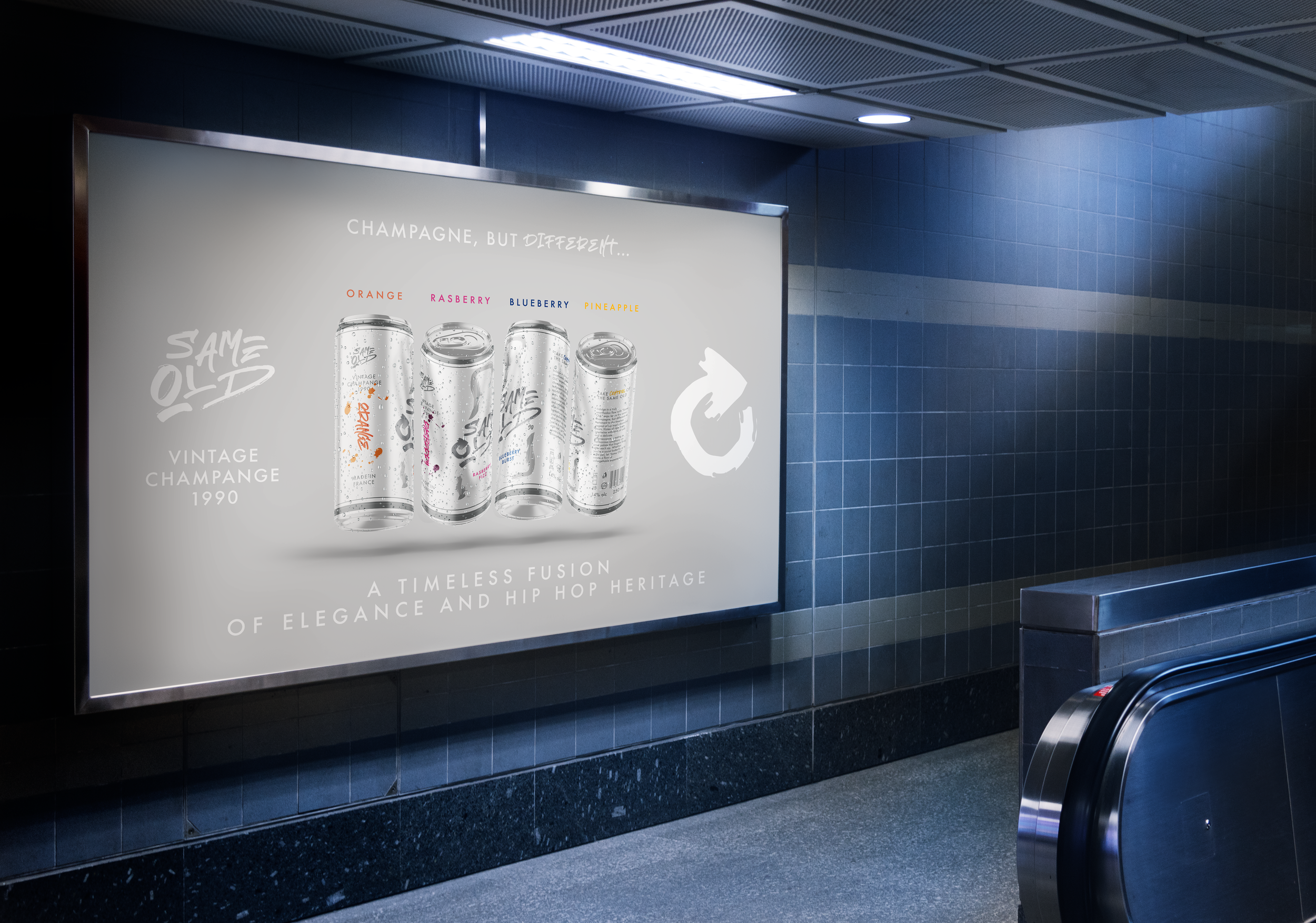 Advertisement poster in a subway station promoting a new line of champagne cans with fruit flavors including orange, raspberry, blueberry, and pineapple, featuring an elegant design with cans displayed and background text highlighting vintage champag