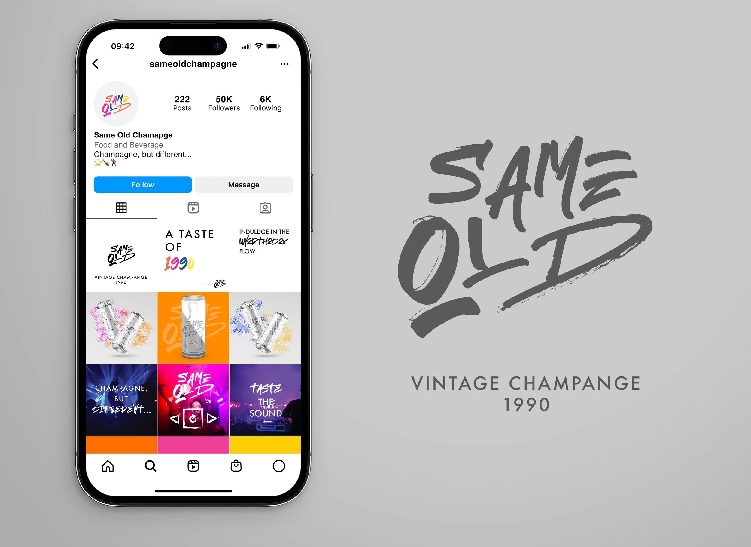 Smartphone screen displaying an Instagram profile for 'sameoldchampagne' with 222 posts, 50,000 followers, 6,000 following, and a bio that says 'Same Old Champage, Food and Beverage, Champagne, but different...' The profile has colorful graphics and 