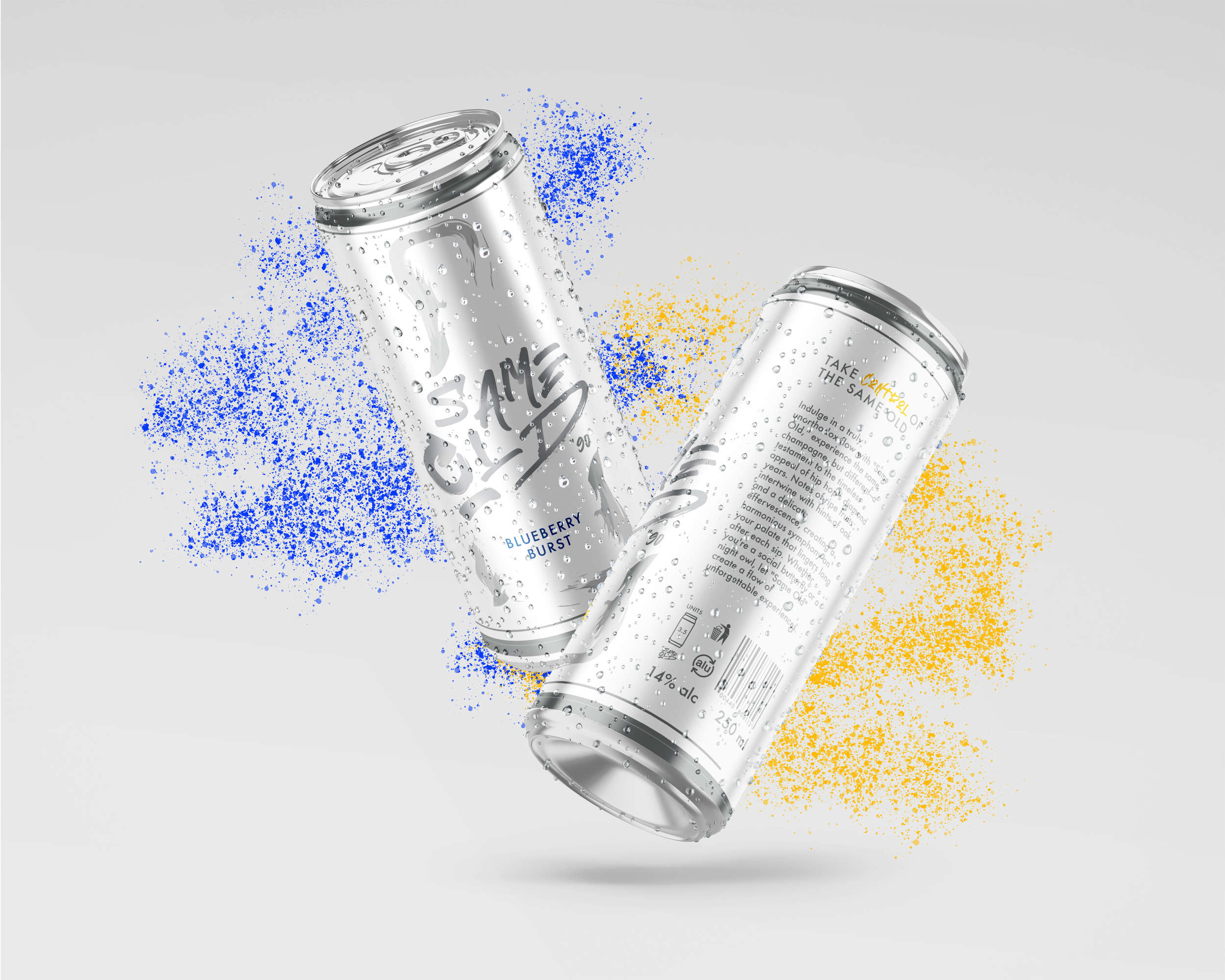 Two soda cans, one labeled 'Blueberry Burst' and the other with unclear text, appear to be floating with colorful spray paint in blue and yellow around them.
