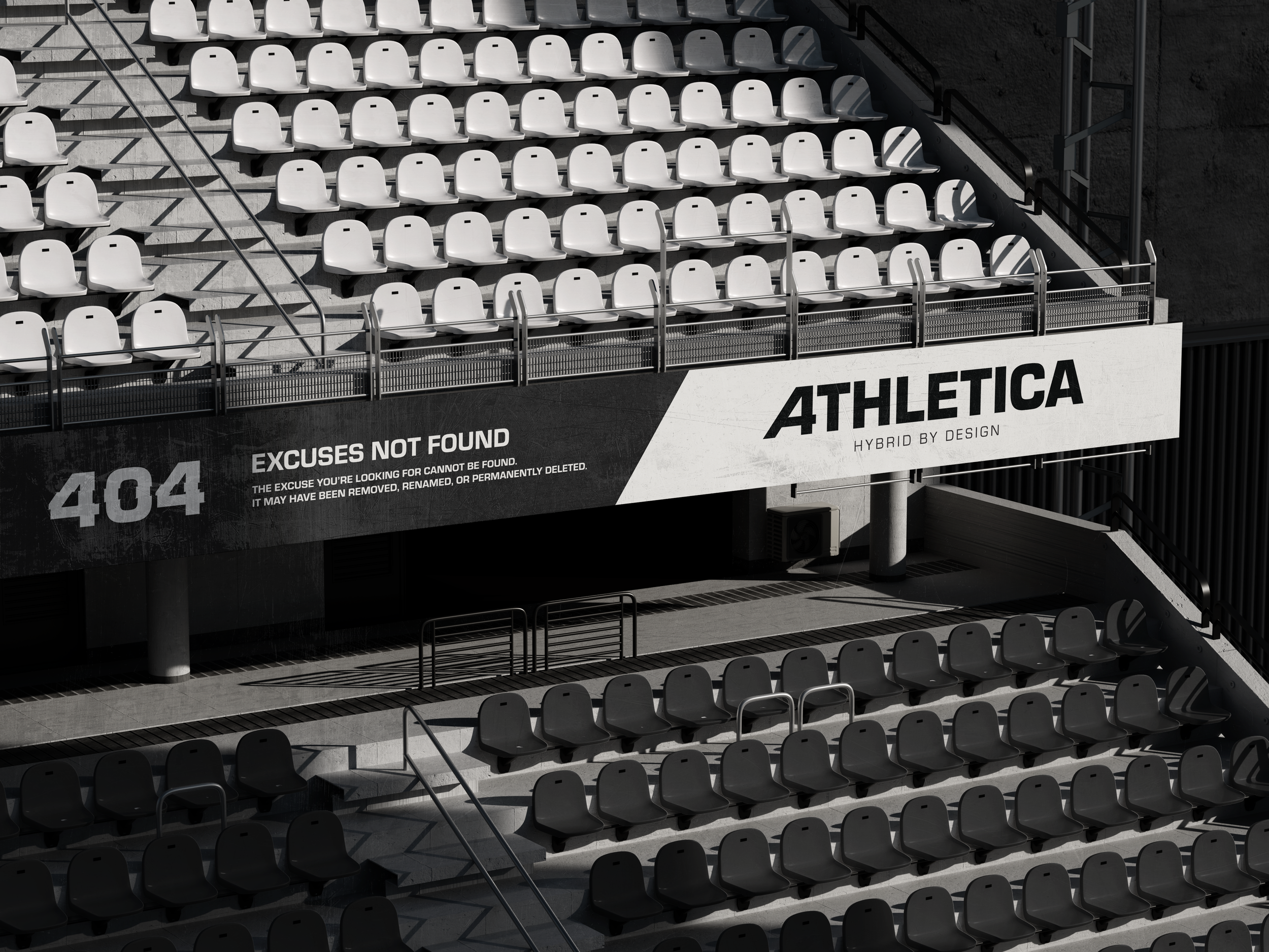 Empty stadium seats in black and white with a large sign displaying the text 'ATHLETICA' and a smaller message about 'EXCUSES NOT FOUND'.