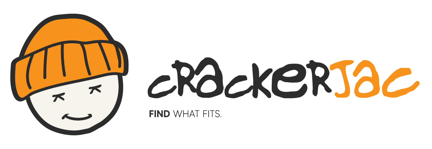 Logo for CrackerJax with a cartoon face wearing an orange knit cap, the words 'Cracker Jax' with 'Cracker' in black and 'Jax' in orange, and the tagline 'Find what fits.'