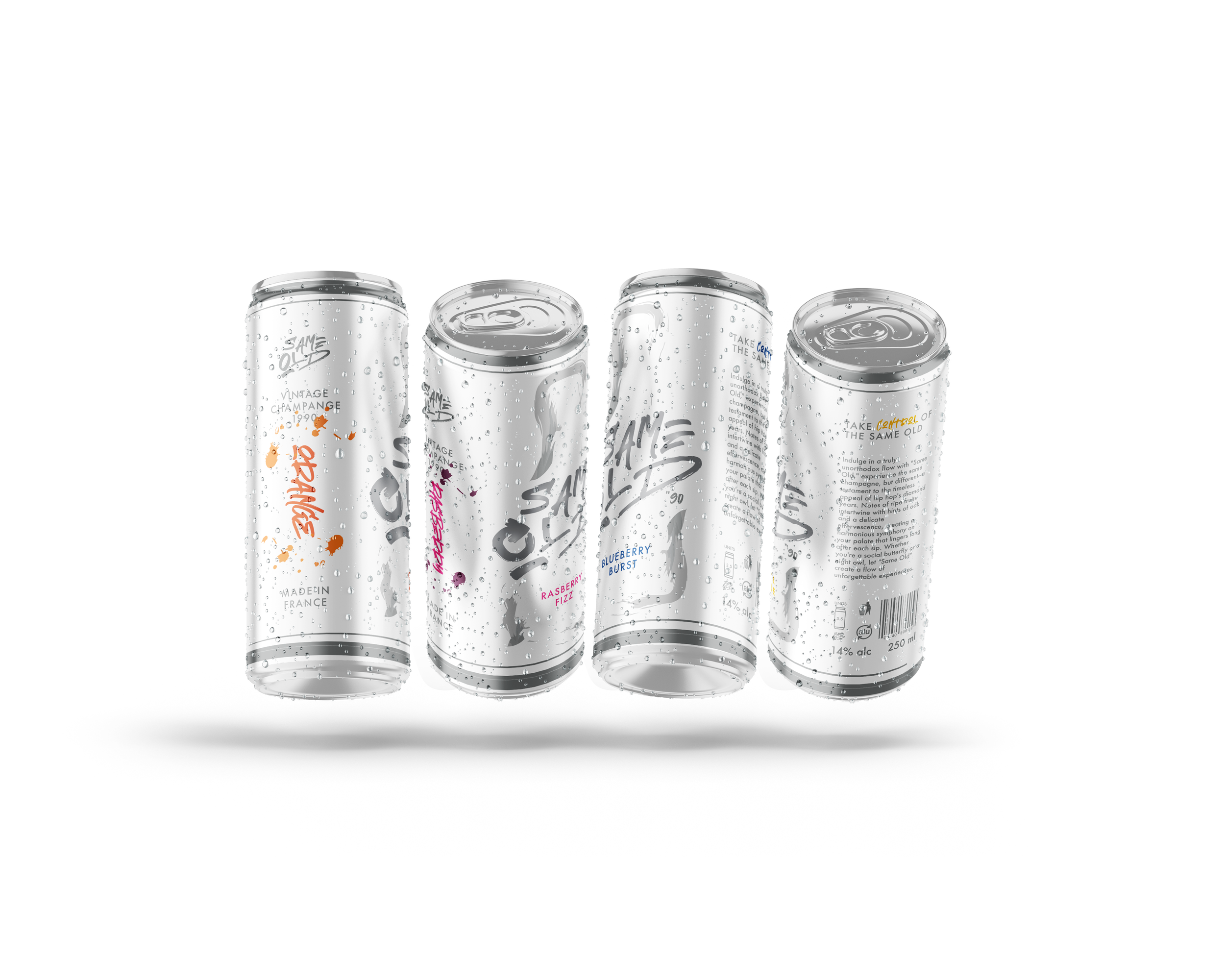 Four aluminum cans with condensation droplets, arranged side by side, with colorful text labels on each can.