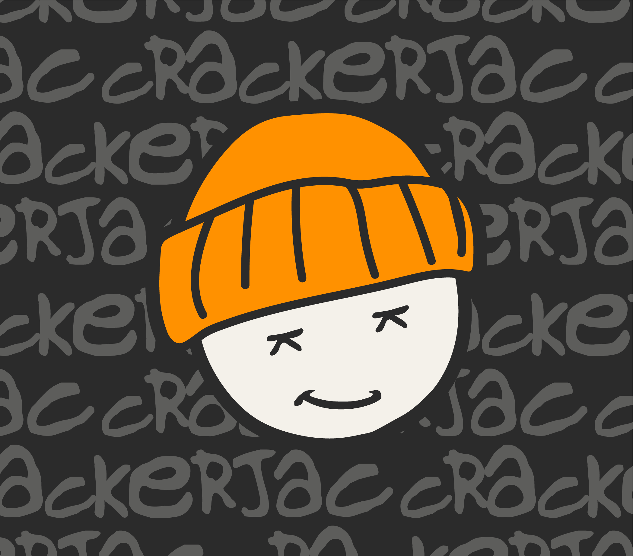 Cartoon illustration of a girl with closed eyes and a wide smile, wearing an orange and white cap, on a background filled with the word 'cake' repeated in gray.