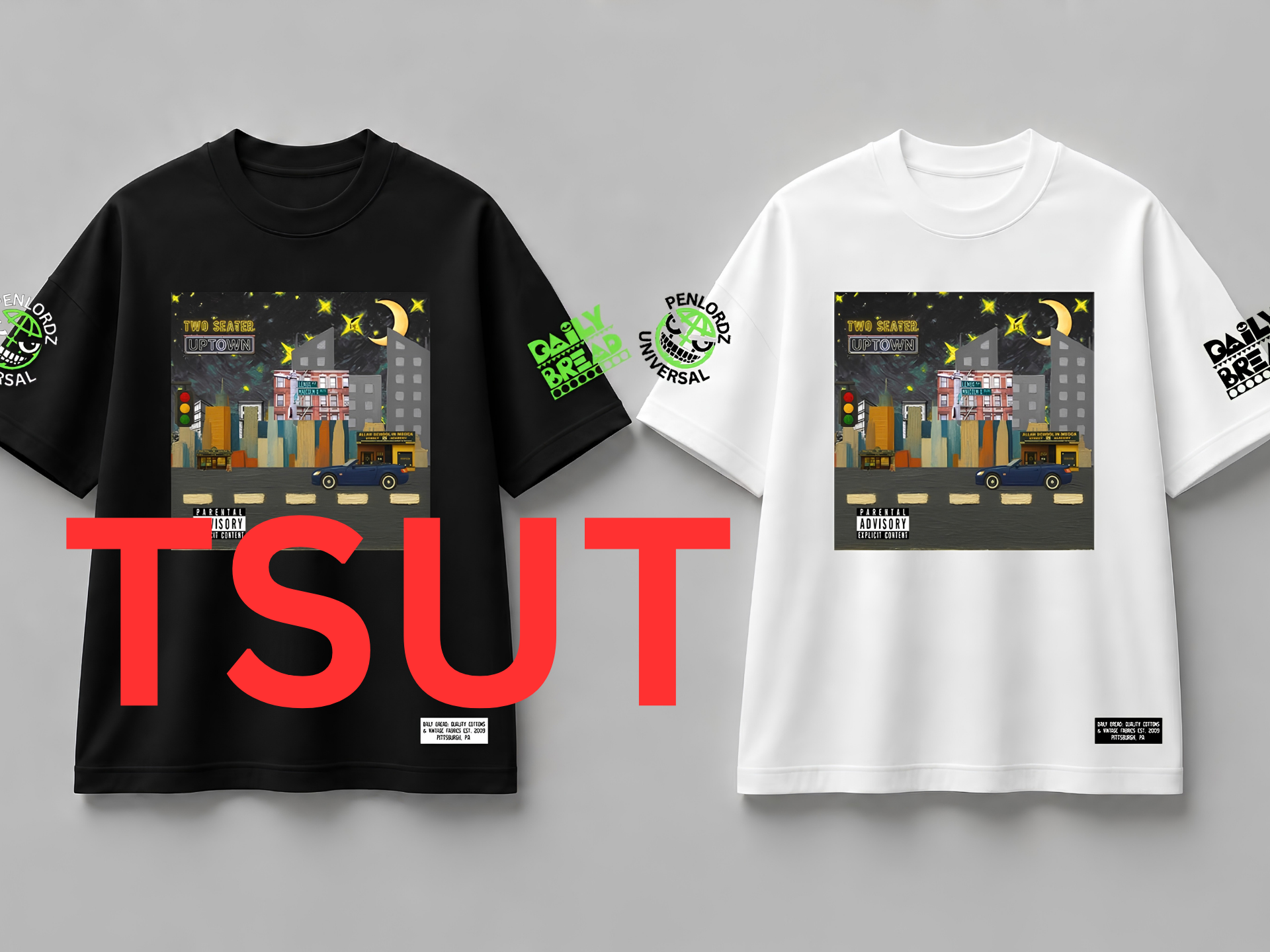 two streetwear tees, one black, one white