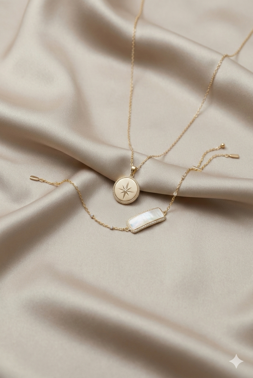 Two gold necklaces resting on white satin fabric, one with a round pendant featuring a starburst design and the other with a rectangular pearl pendant.