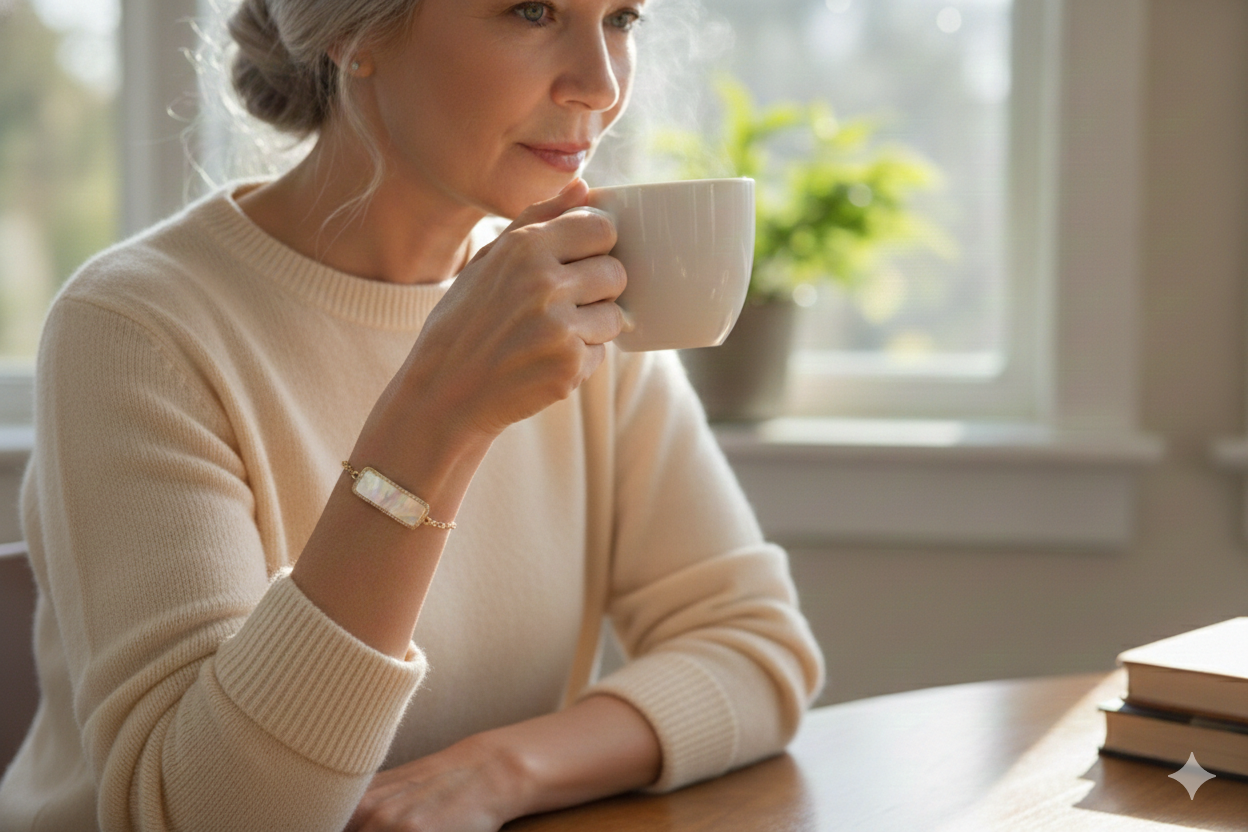 A woman with gray hair, wearing a beige sweater and a bracelet, sitting at a wooden table, drinking from a white mug, with a window and greenery in the background.