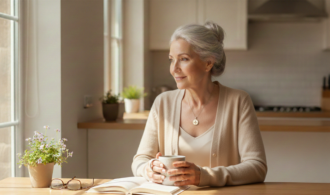 An elderly woman with gray hair tied in a bun, sitting at a wooden table in a bright kitchen, holding a mug and smiling while gazing out the window. There are glasses, an open book, and a potted plant on the table.