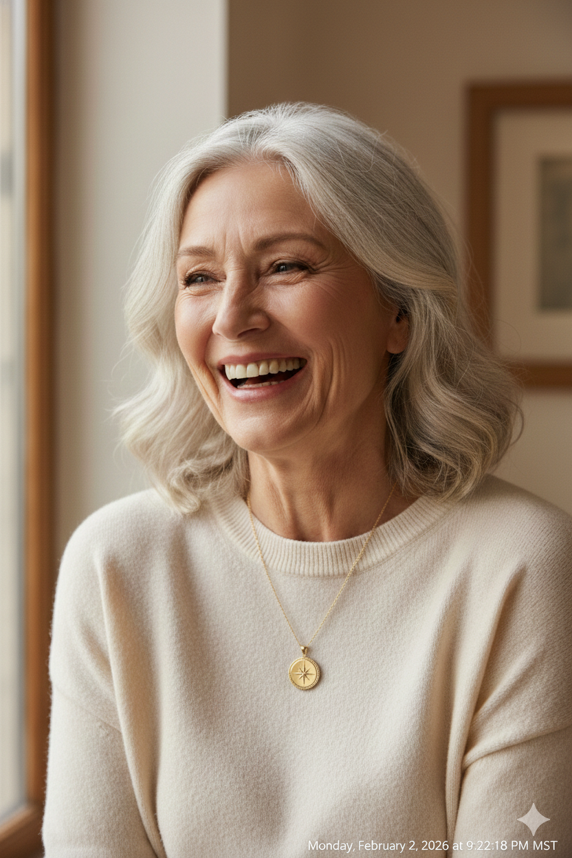 A smiling elderly woman with gray hair near a window, wearing a cream-colored sweater and a gold necklace with a compass pendant.
