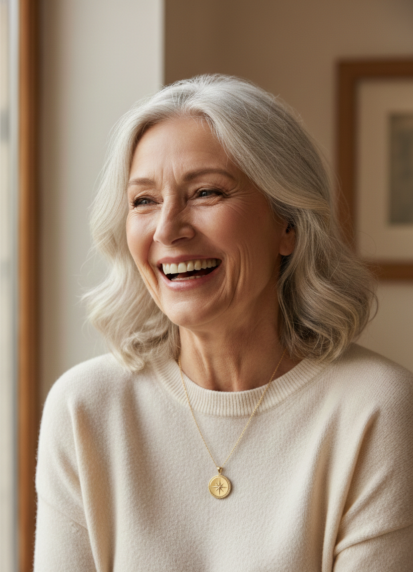 A smiling elderly woman with gray hair standing near a window.