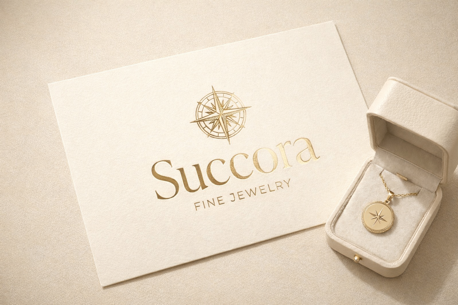 A jewelry box with a gold necklace featuring a circular pendant with a compass rose design, placed next to a beige card with gold lettering that says 'Succora Fine Jewelry' and a compass rose logo.