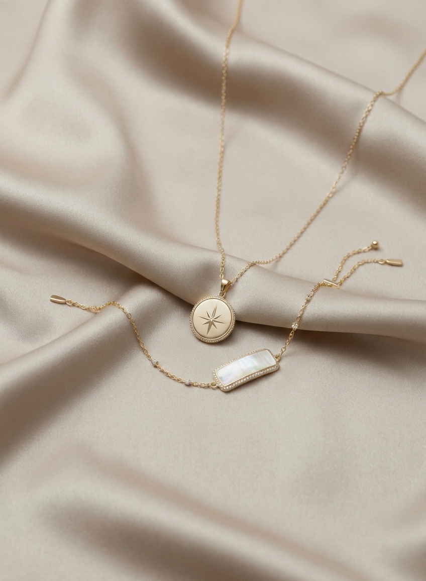 Two gold necklaces with pendants resting on cream-colored satin fabric. One pendant features a star design, the other is a rectangular, iridescent piece.