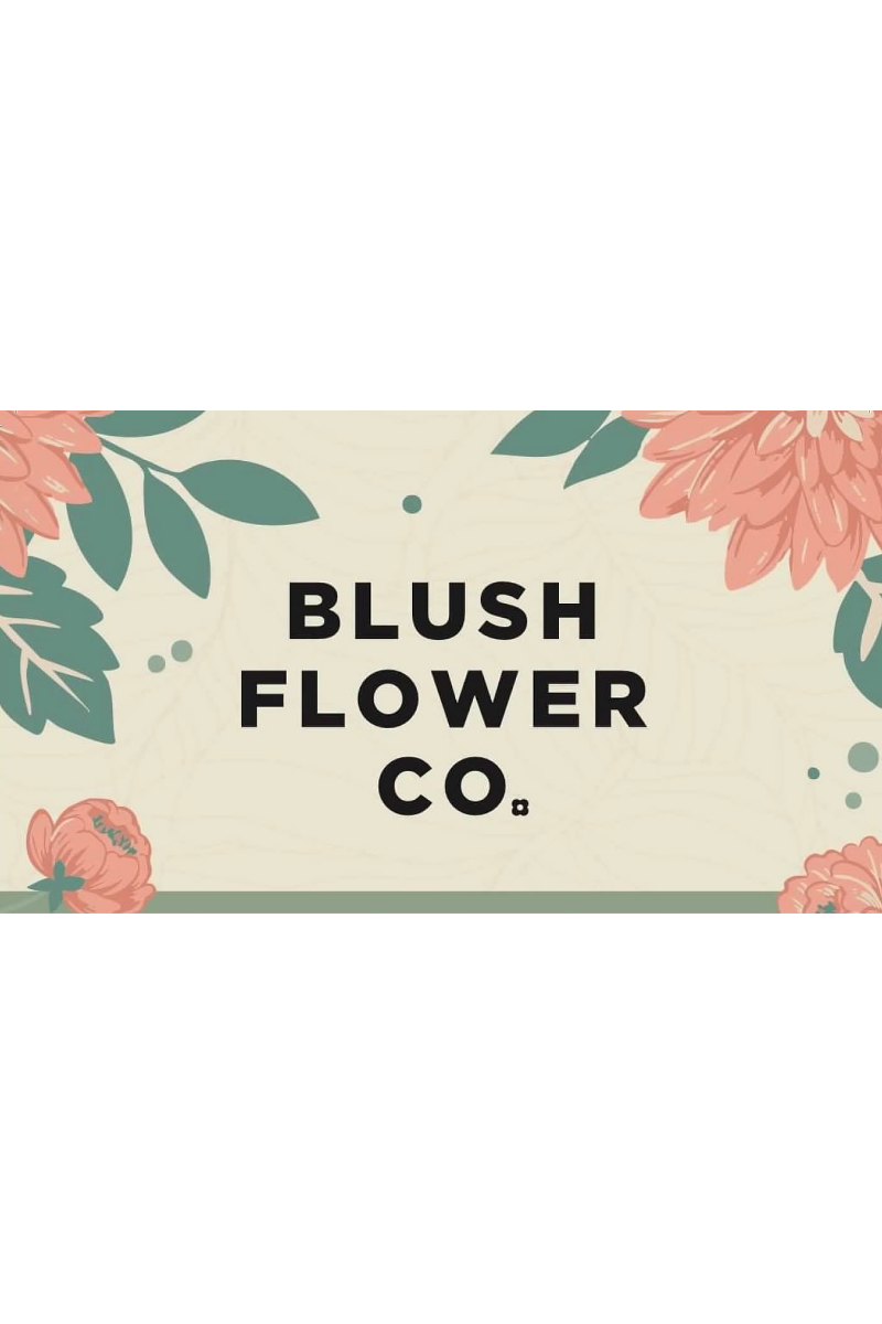 Business card for Blush Flower Co., featuring pink flowers and green leaves on a light background.