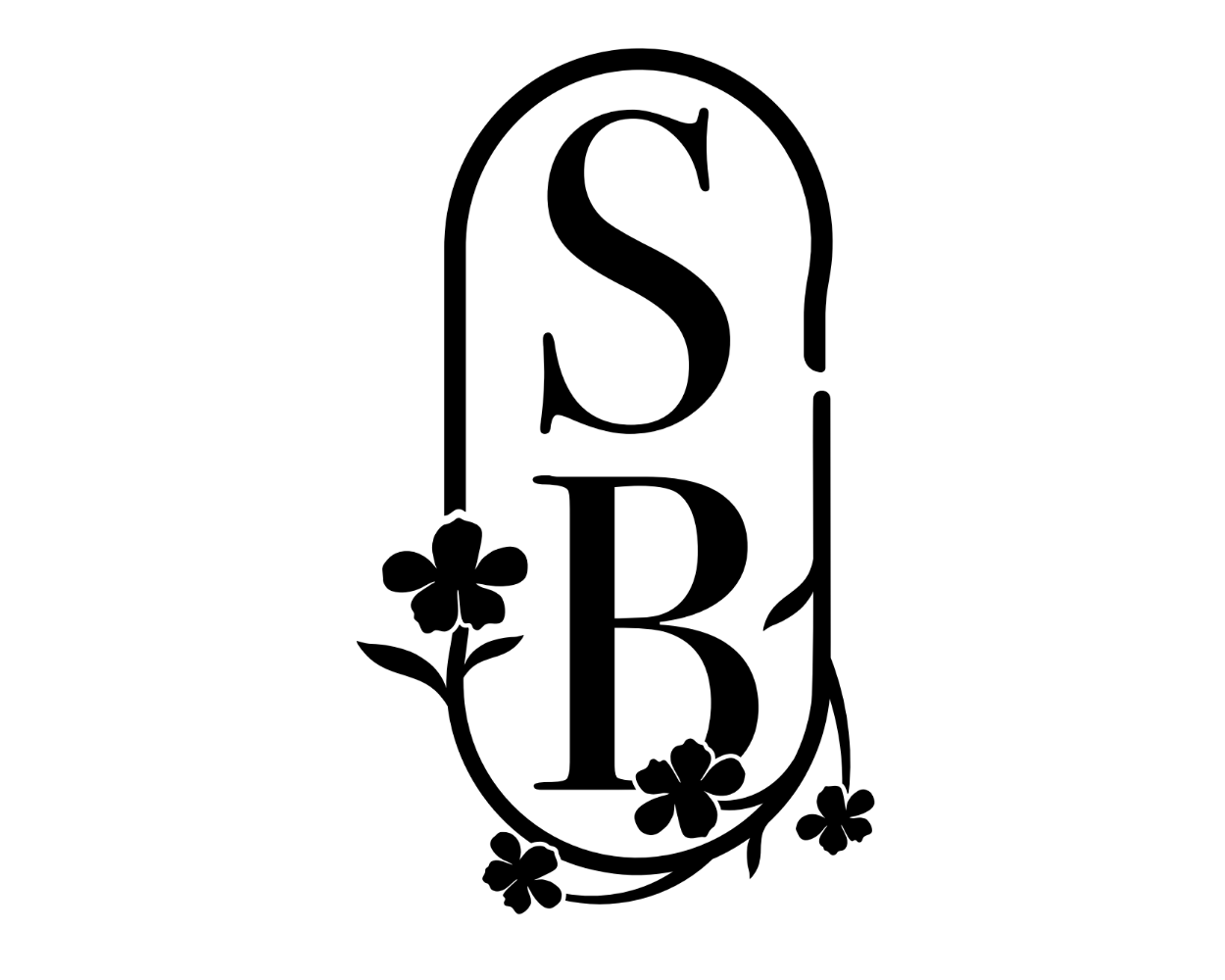 Black and white floral monogram with the letters S, D, and B inside an oval outline decorated with clover flowers.