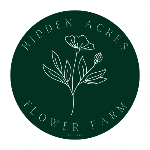Green circular logo with a white line drawing of a flower and leaves, text reads "Hidden Acres Flower Farm" and "Est. 2020."