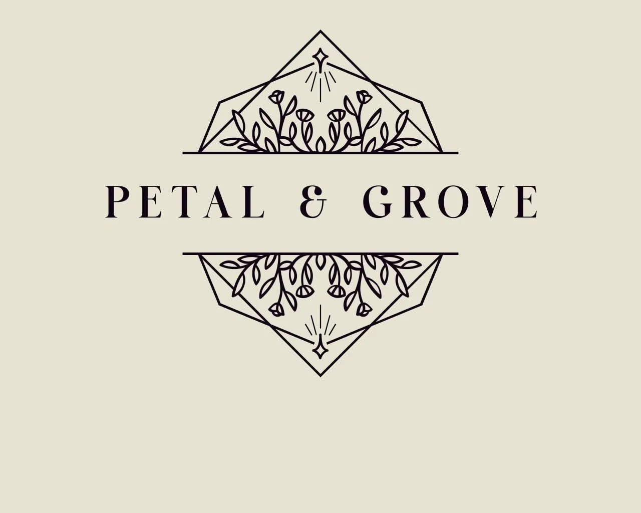 Logo with geometric floral design and the text "Petal & Grove" in the center.