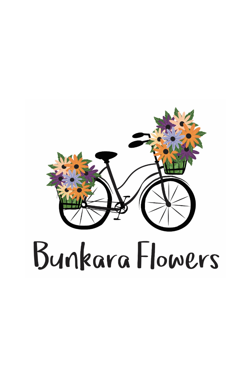A bicycle with baskets of colorful flowers on the front and back, with the text "Bunkara Flowers" below.