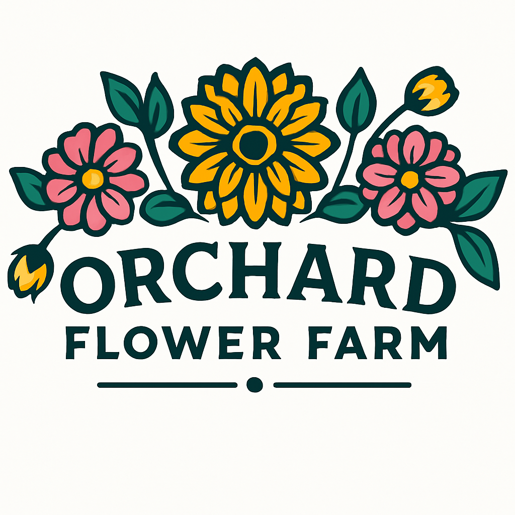 Logo for Orchard Flower Farm featuring a tall yellow sunflower between two pink flowers with green leaves and the words 'Orchard Flower Farm' beneath.
